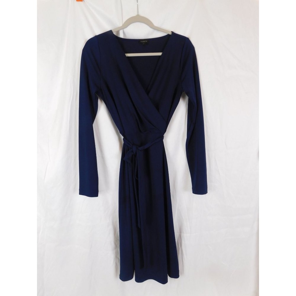 Women's Talbots V Neck 3/4 Sleeve Stretch Knit Faux Wrap Dress Navy Medium